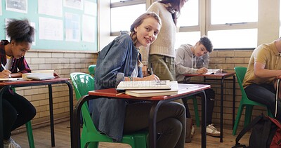 Buy stock photo Portrait, education and girl in classroom, writing and learning with notebook, test and studying. Knowledge, teenager and student in school, exam and smart with academic lesson and intelligent