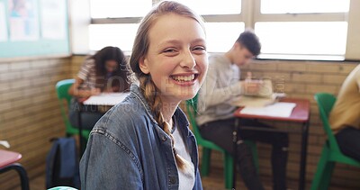 Buy stock photo Portrait, education and girl in classroom, smile and learning with confidence, future and studying. Knowledge, teenager and student in school, happiness and smart with academic lesson and intelligent