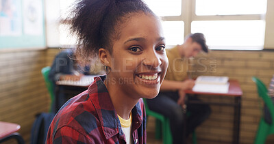 Buy stock photo Portrait, knowledge and girl in classroom, smile and learning with confidence, intelligent and studying. Education, teenager and student in school, happiness and smart with academic lesson and exam