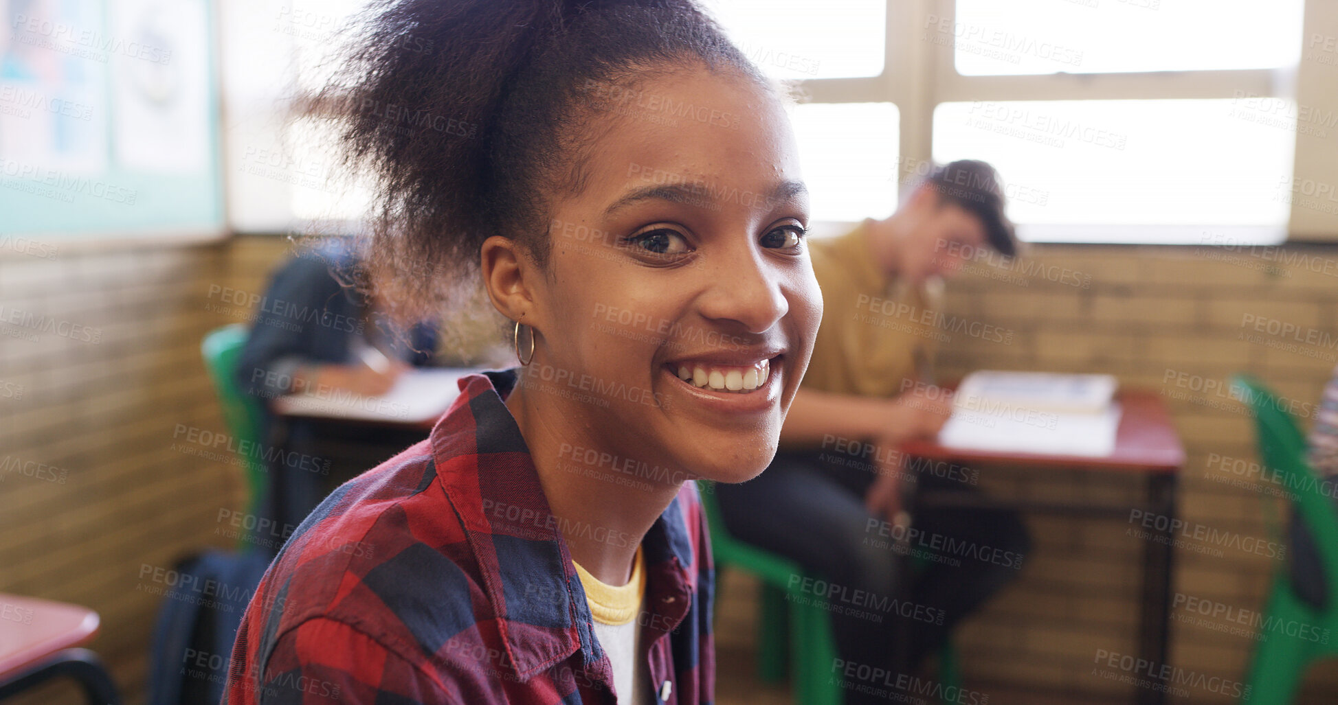 Buy stock photo Portrait, knowledge and girl in classroom, smile and learning with confidence, intelligent and studying. Education, teenager and student in school, happiness and smart with academic lesson and exam