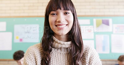 Buy stock photo Smile, high school and portrait of teacher in classroom with confidence, pride and happy for education. Academy, lesson and woman with teenagers for learning, teaching and development for career