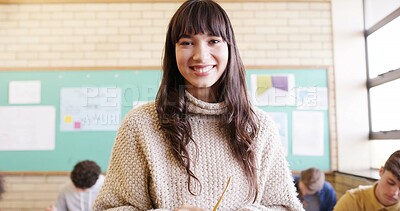 Buy stock photo Happy, high school and portrait of teacher in class with confidence, pride or smile for education. Academy, career and woman with teenagers for learning, teaching curriculum and development in lesson