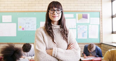 Buy stock photo Crossed arms, high school and portrait of teacher in classroom with confidence, pride and smile in lesson. Academy, teaching career and woman with teenagers for learning, education and development