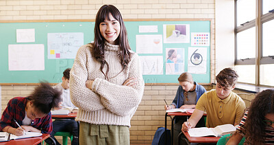 Buy stock photo Crossed arms, portrait and woman teacher with students in classroom with confidence for education career. Smile, knowledge and female educator with pride for job, growth or development at high school