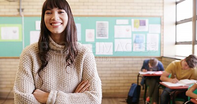 Buy stock photo High school, crossed arms and portrait of teacher in class with confidence, pride and smile for education. Academy, lesson and woman with teenagers for learning, teaching and development for career