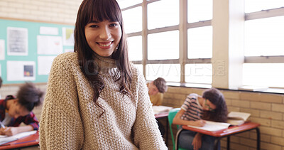 Buy stock photo Happy woman, teacher and portrait with students in classroom for learning or education development. Female person, educator or academic instructor with smile for assessment or knowledge in school