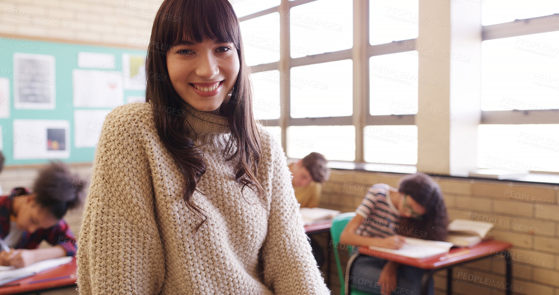 Buy stock photo Happy woman, teacher and portrait with students in classroom for learning or education development. Female person, educator or academic instructor with smile for assessment or knowledge in school