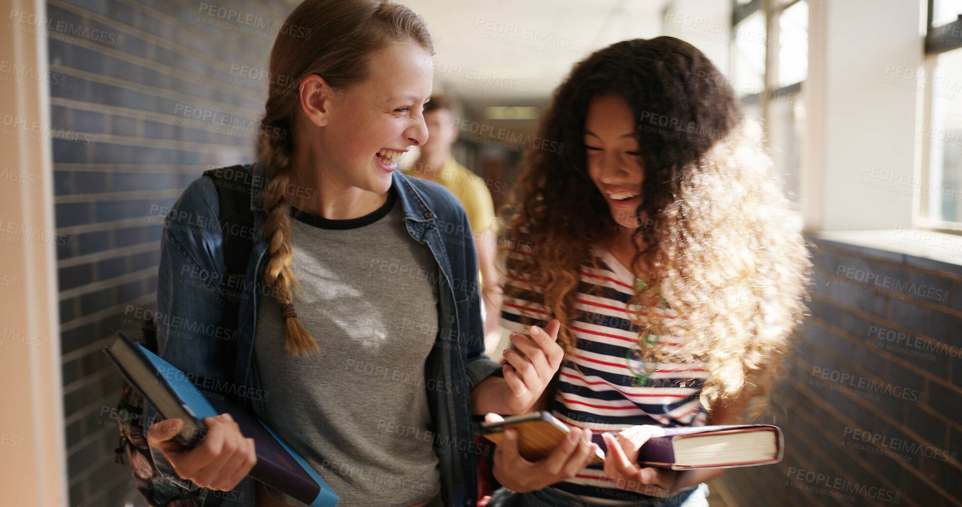 Buy stock photo Friends, walking and girls at high school in hallway for learning, lesson and education together. Happy, campus and teenagers in conversation, talking and chat in corridor for bonding, relax or break