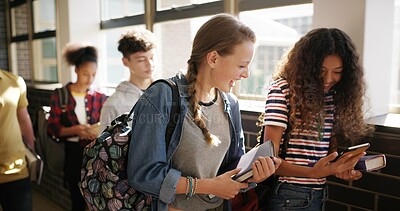 Buy stock photo Happy people, students or phone with results in school for online curriculum, education or learning. Group, friends or teenagers with smile, books or mobile smartphone for study material or classroom