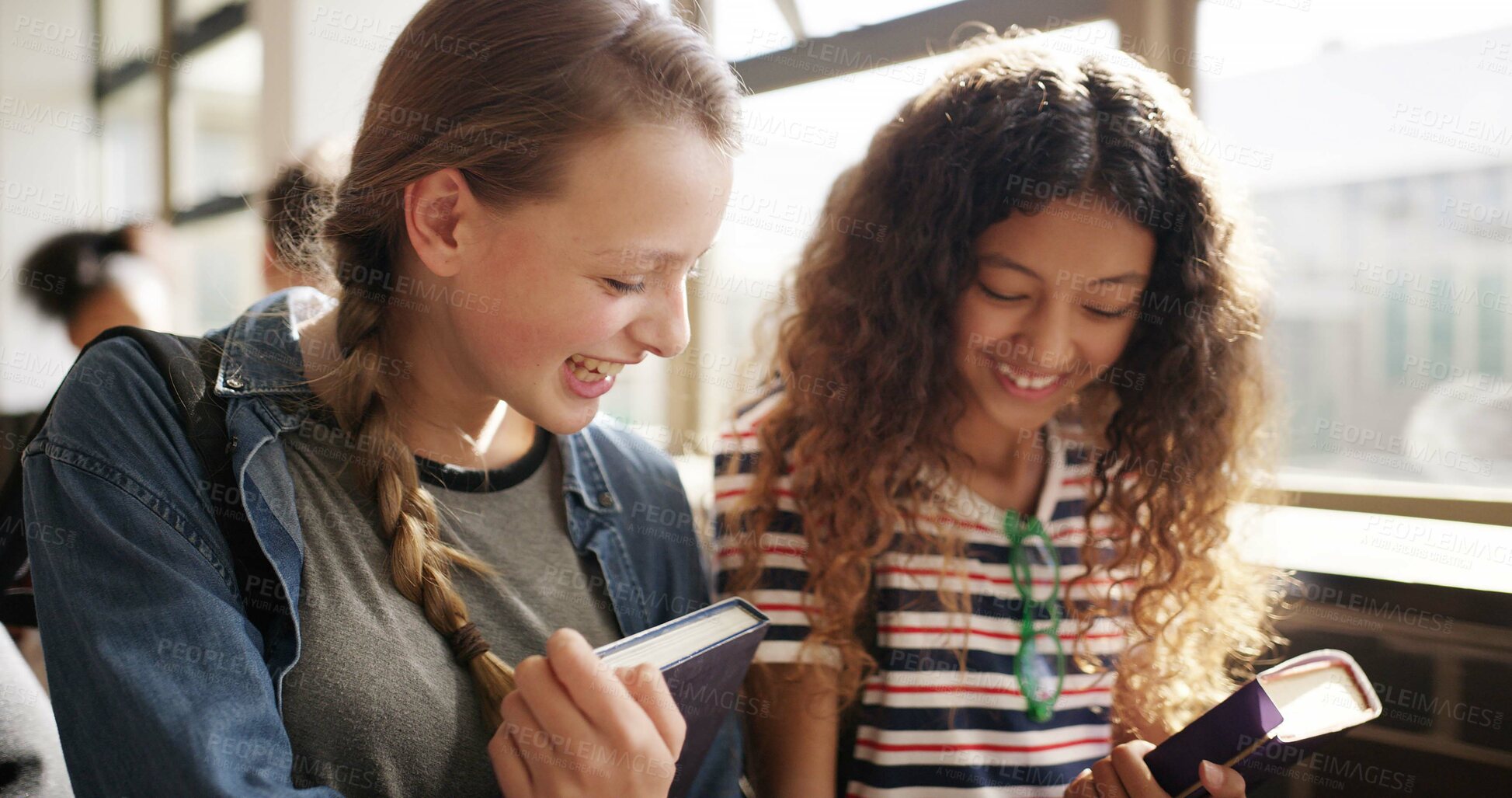 Buy stock photo Happy girl, students or school with books for curriculum, education or learning together. People, friends or teenagers with smile, textbook or development for study material, knowledge or classroom