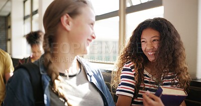 Buy stock photo Friends, walking and girls at high school in morning for learning, lesson and education together. Happy, campus and teenagers with books in corridor for bonding, conversation and talking on break