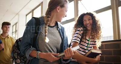 Buy stock photo Funny, students and walking with friends in high school for education, project assignment and study team. Joke, learning and exam planning with teenager or girls in hallway for conversation and chat