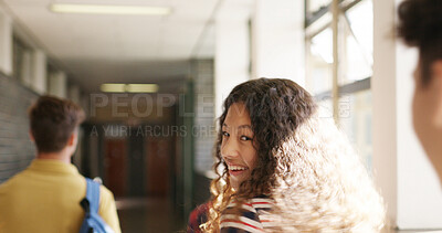 Buy stock photo Walking, smile and hallway with girl in high school for education, future and gen z students. Learning, happiness and scholarship with group of teenagers on campus for knowledge, friends and academy