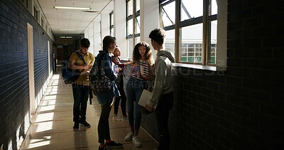 Buy stock photo High school, students and kids in hallway, conversation and break with education. Teenager, friends and children in lobby, knowledge or learning with gossip, chatting and bonding together with recess
