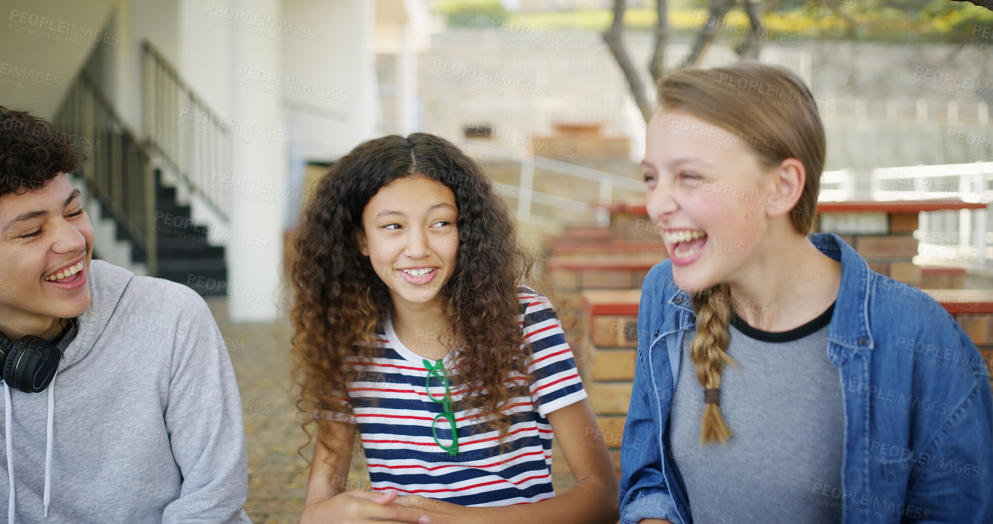 Buy stock photo High school, friends and students with discussion, smile and education with study tips, break and joke. Funny, happy girls or boys with humor, learning and laughing with knowledge, chatting or gossip