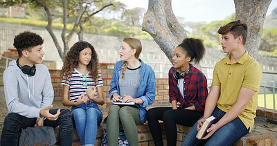 Buy stock photo High school, students and talking outdoor for learning, education and conversation for knowledge. Teen, boys and group of girls with scholarship discussion, exam and study tips for test with friends