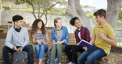 Buy stock photo High school, students and conversation outdoor for learning, education or talking for knowledge. Teen, boys and group of girls with scholarship, biology exam or study tips for test with happy friends