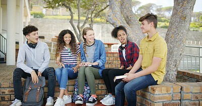 Buy stock photo High school, students and discussion outdoor for learning, education and campus gossip. Teen, boys and group of girls with scholarship conversation, exam or study tips for test with happy friends