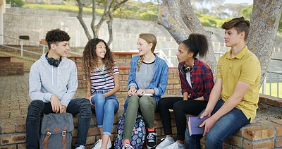 Buy stock photo High school, friends and students with discussion, outdoor and education with study tips. Happy group, girls and boys with conversation, learning and knowledge with break, chatting and gossip