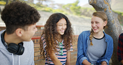 Buy stock photo High school, break and students outdoor for talking, conversation and chat together on campus. Academy, teenagers and friends laughing for funny story, gossip and discussion at recess for education