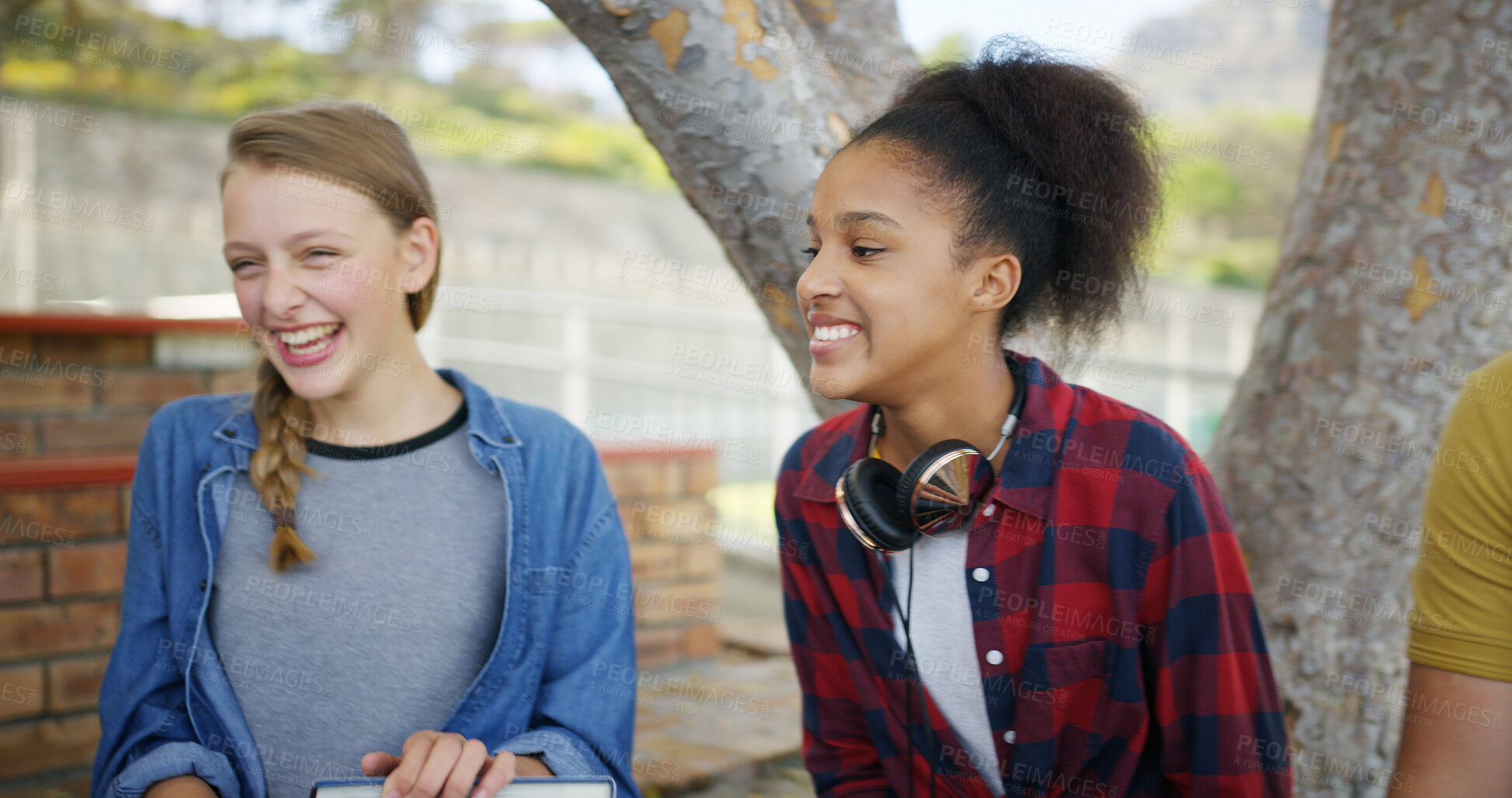 Buy stock photo High school, break and students outdoor for chat, conversation and talking together on campus. Academy, teenagers and girls laughing for funny story, gossip and discussion at recess for education