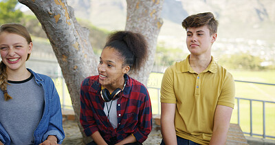 Buy stock photo High school, break and friends outdoor for chat, conversation and talking together on campus. Academy, happy teenagers and students relax with story, gossip and discussion at recess for education