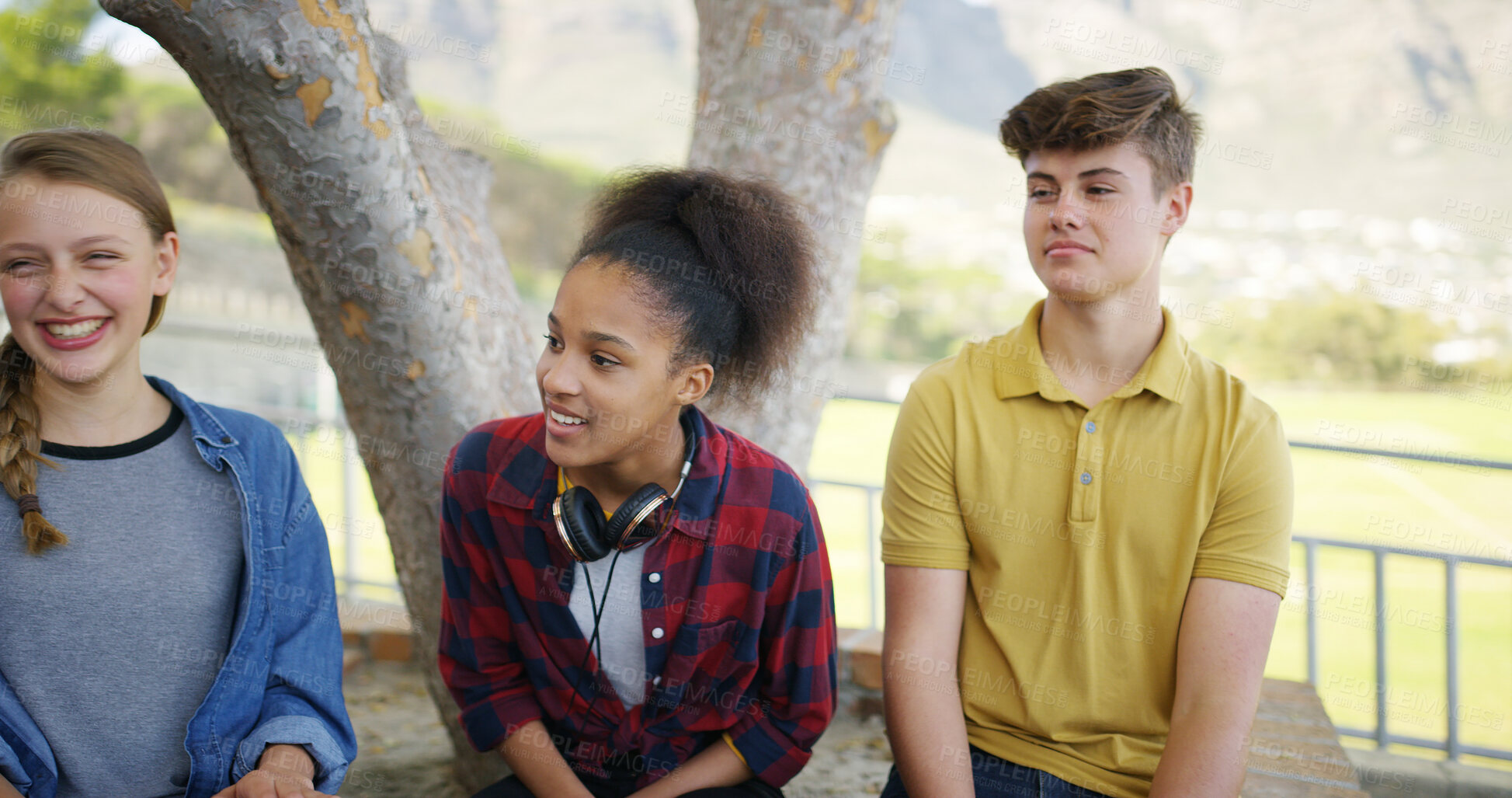 Buy stock photo High school, break and friends outdoor for chat, conversation and talking together on campus. Academy, happy teenagers and students relax with story, gossip and discussion at recess for education