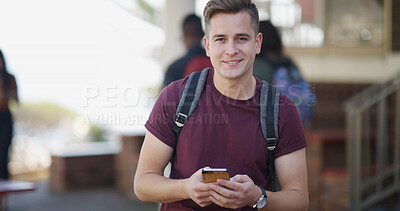 Buy stock photo Happy, college and portrait of man with phone for social media, internet or connection on campus. School, university and student on smartphone for online chat, website and class schedule for learning