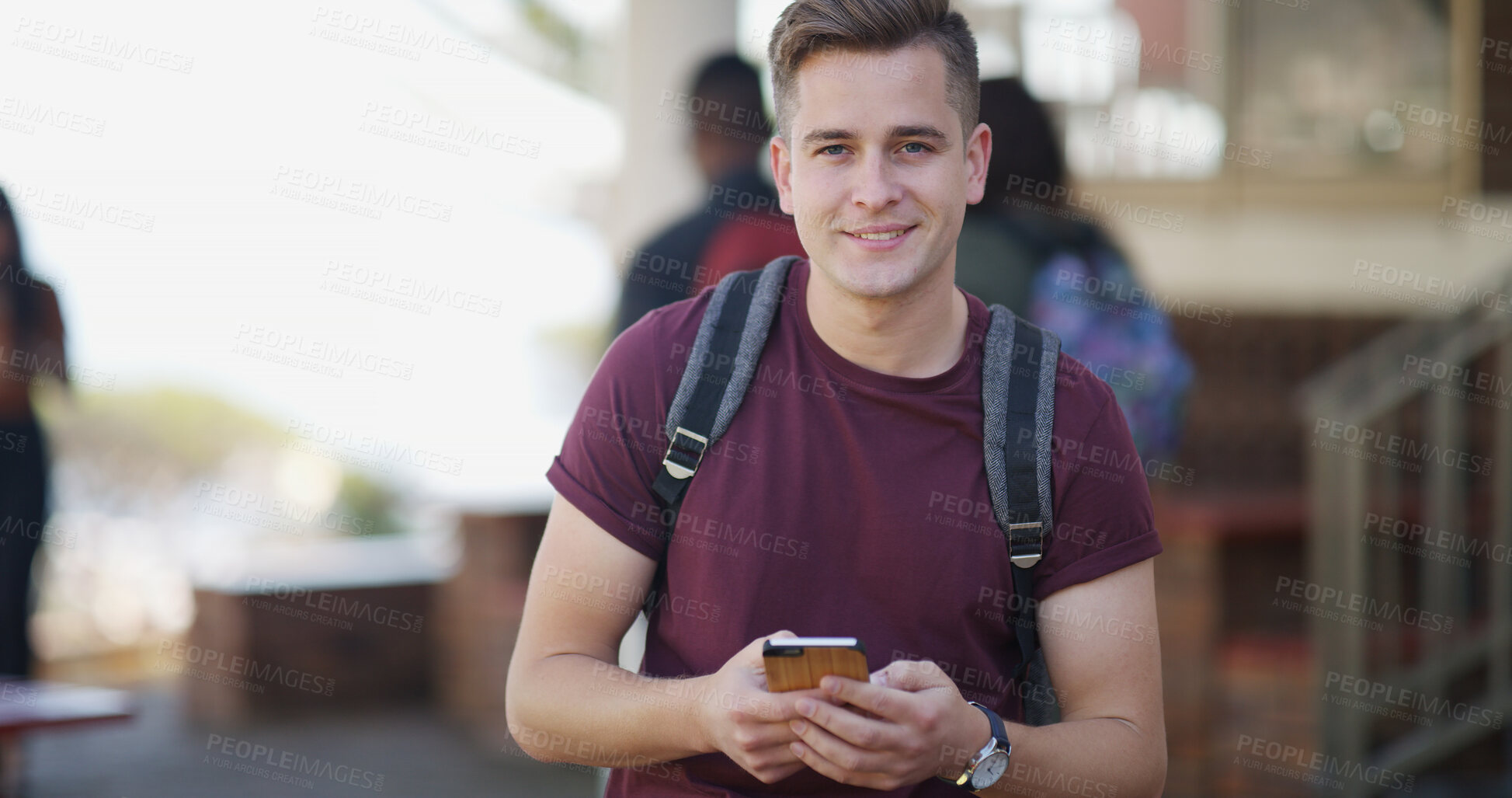 Buy stock photo Happy, college and portrait of man with phone for social media, internet or connection on campus. School, university and student on smartphone for online chat, website and class schedule for learning