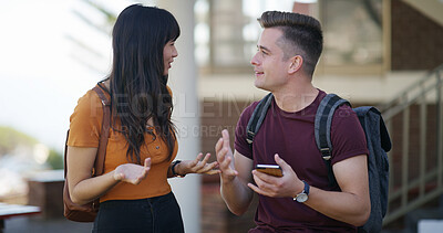 Buy stock photo Talking, bonding and friends at university with laughing for comedy, joke or comic together. Conversation, funny and students with discussion for education, exam marks or test at college campus.