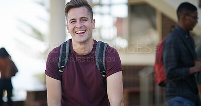 Buy stock photo Students, man and happy in portrait on campus for learning break, education and college scholarship. University, person and smile with backpack outdoor for academic growth, knowledge and study pride