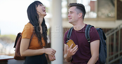 Buy stock photo Conversation, connection and friends at university with laughing for comedy, joke or comic together. Talking, funny and students with discussion for education, exam marks or test at college campus.