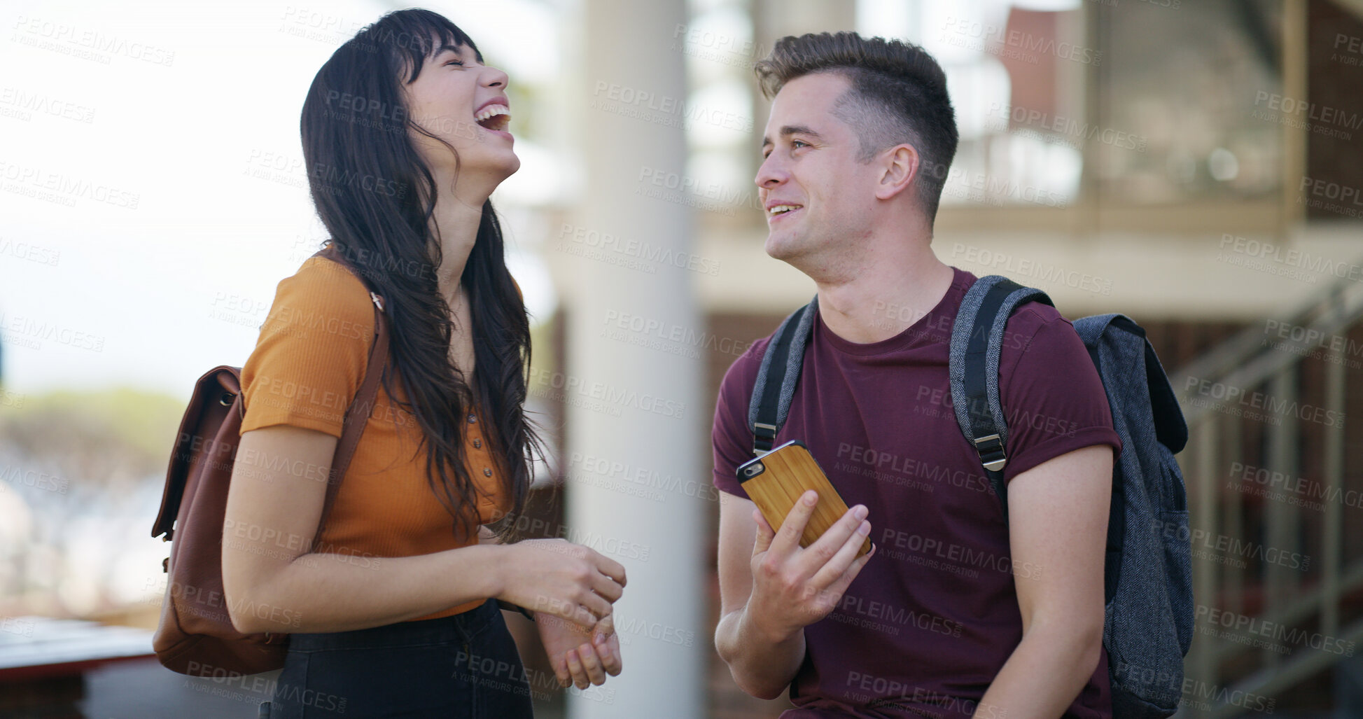Buy stock photo Conversation, connection and friends at university with laughing for comedy, joke or comic together. Talking, funny and students with discussion for education, exam marks or test at college campus.