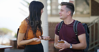 Buy stock photo Discussion, bonding and friends at university with studying, learning or education together. Talking, knowledge and students with conversation for assignment, exam marks or test at college campus.