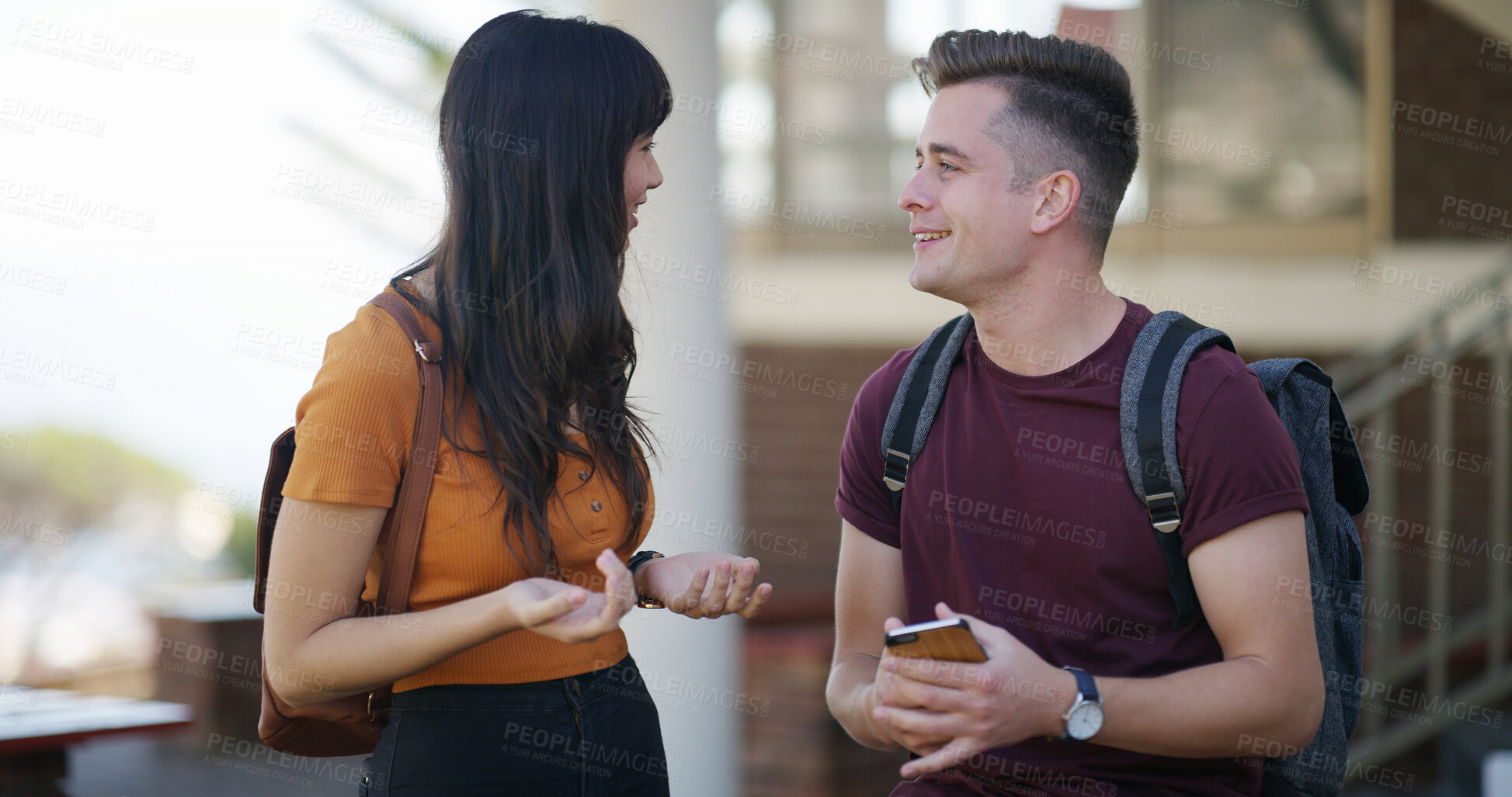 Buy stock photo Discussion, bonding and friends at university with studying, learning or education together. Talking, knowledge and students with conversation for assignment, exam marks or test at college campus.