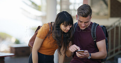 Buy stock photo University, students and friends with cellphone, outdoor and conversation with internet gossip. Campus, college website or people with smartphone, test results and social media with email or chatting