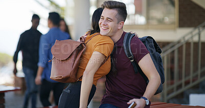 Buy stock photo Hug, student and people in campus with bag, bonding and learning in support system. Education, scholarship and academic in university with backpack, team or peer connection in friendly embrace.