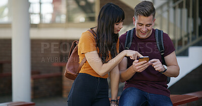 Buy stock photo College, students and friends with cellphone, outdoor and communication with education. Test results, university and people with smartphone, app and social media with connection, email or scholarship