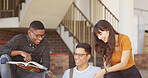 People, students and happy on campus with textbook for learning, laughing and university group for study. Academic, scholarship and college friends with funny chat, education and knowledge together