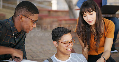 Buy stock photo Relax, friends or students on steps with break, talking and speaking for education and support. Group, school and happy people in university or college with bonding, social conversation or chat