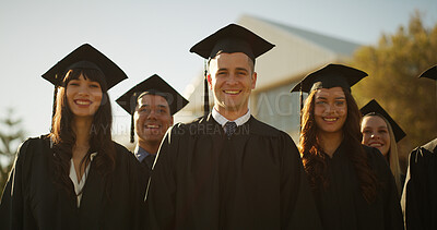 Buy stock photo Graduation, portrait and group with smile, ceremony or celebration of milestone or academic success. University, achievement and people with robes for event, education and complete studies and course