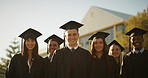 University, students and people with graduation, portrait or education with achievement. Outdoor, college or happy group with knowledge, success or congratulations with award, ceremony or celebration