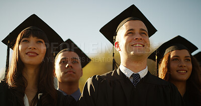 Buy stock photo College, students and man with graduation, celebration and ceremony with achievement. Outdoor, university and happy people with knowledge, success and congratulations with award, goals and education