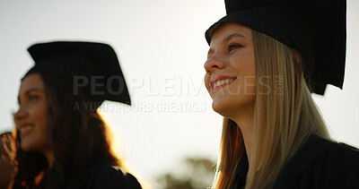 Buy stock photo University, smile and woman with celebration, graduation and success with scholarship. Campus, people or student with college ceremony, award and achievement with education, event and congratulations