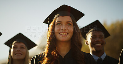 Buy stock photo University, students and woman with graduation, celebration and scholarship with achievement. Event, college and people with knowledge, success and congratulations with award, ceremony and education