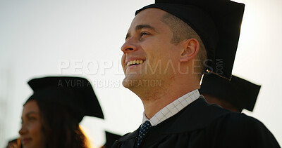 Buy stock photo University, students and man with graduation, success and award ceremony with achievement. Outdoor, college and happy people with knowledge, goals and congratulations with education and scholarship