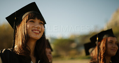 Buy stock photo University, outdoor and woman with celebration, graduation and success with education. Campus, people or student with college ceremony, smile or achievement with scholarship, event or congratulations