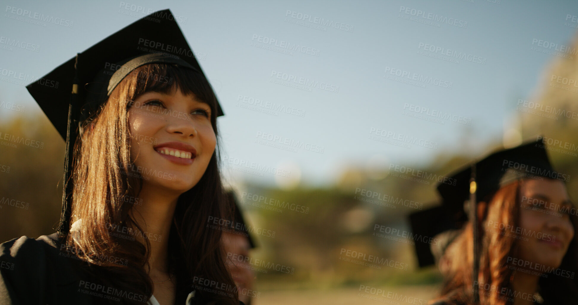 Buy stock photo University, outdoor and woman with celebration, graduation and success with education. Campus, people or student with college ceremony, smile or achievement with scholarship, event or congratulations