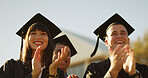 University, applause or students with celebration, graduation or achievement with education. Scholarship, college or people with smile, clapping or congratulations with ceremony or academic milestone