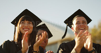 Buy stock photo University, applause or students with celebration, graduation or achievement with education. Scholarship, college or people with smile, clapping or congratulations with ceremony or academic milestone